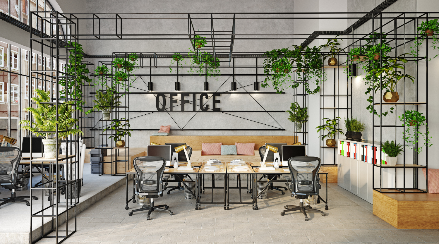 Modern office space with greenery and contemporary design